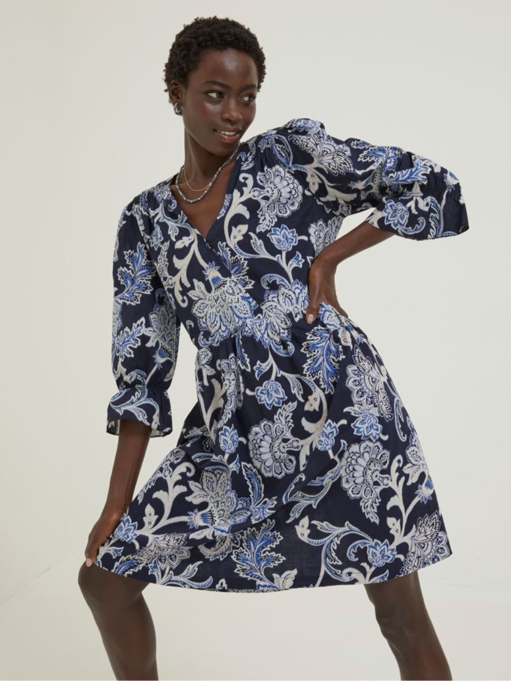 Fat Face Navy and White Floral V-Neck Midi Dress